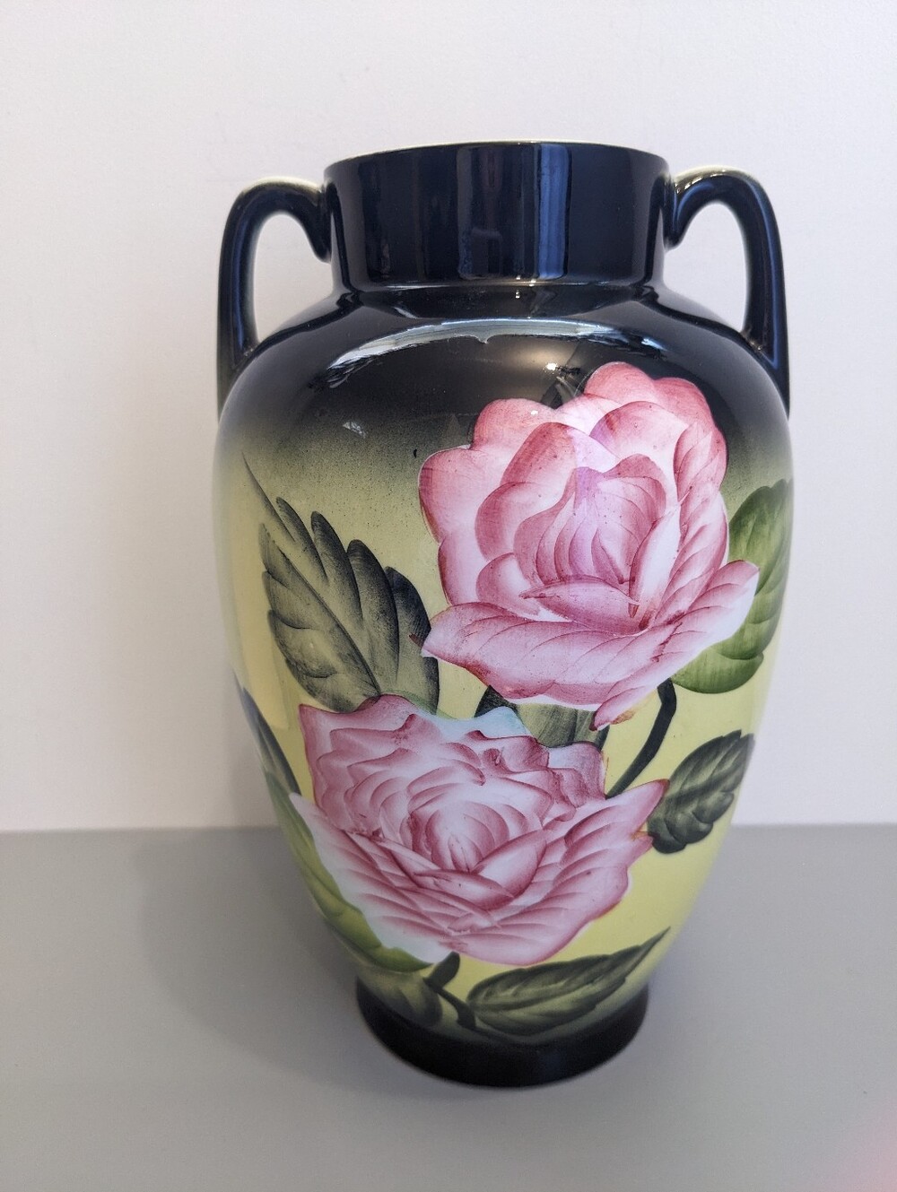 Vintage Japan Floral Handled Vase Black Green Pink Flower Ceramic Decor 1960s